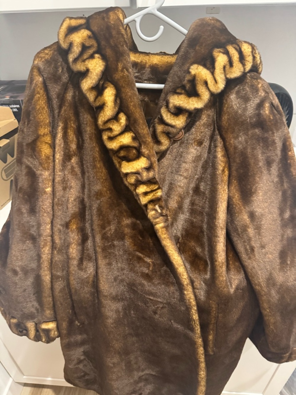 Vintage Brown Faux Fur Coat with Gold Trim